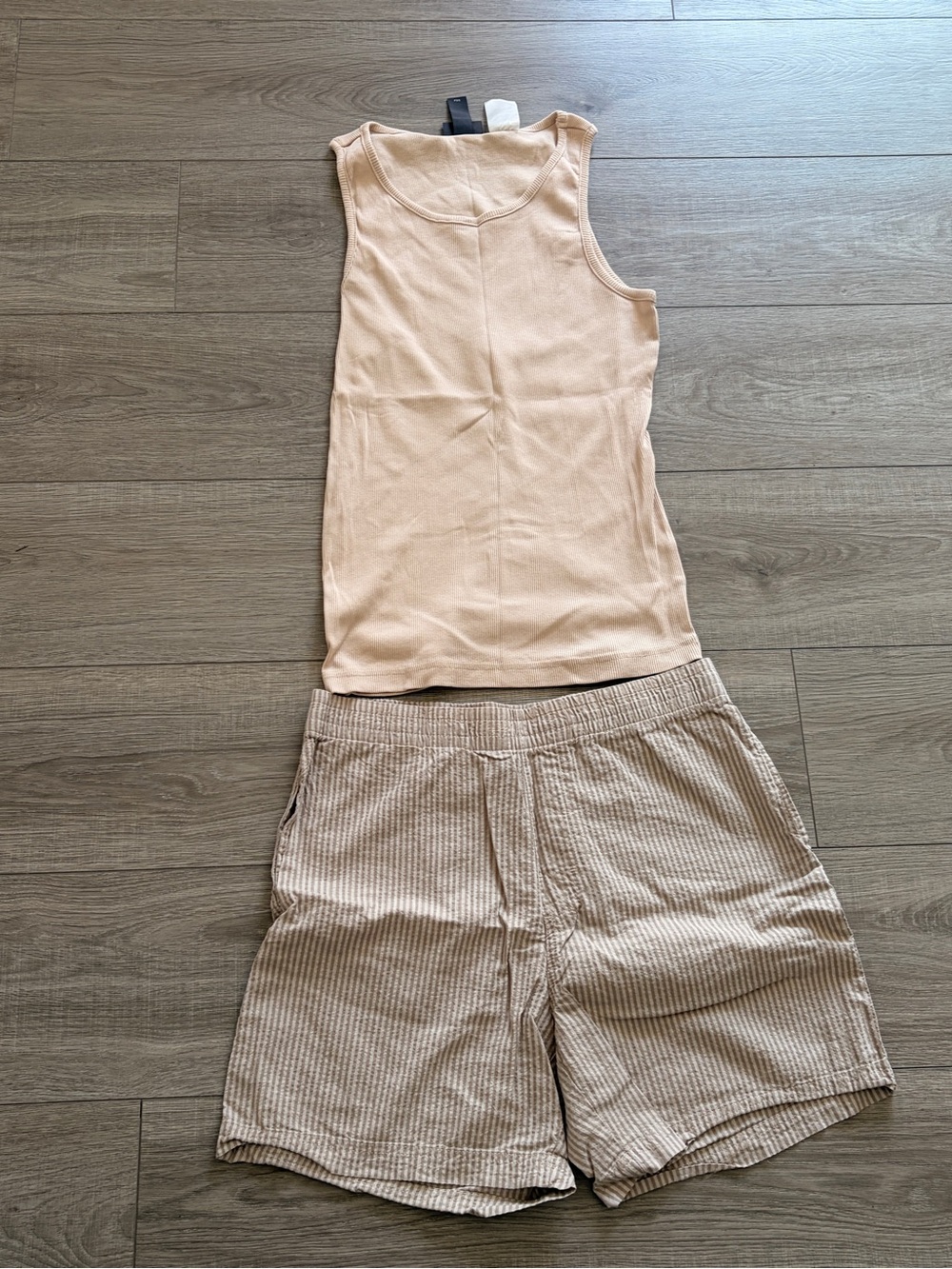 H&M Men’s Lounge Set S Beige Rib Tank Seersucker Shorts Cotton Pajama Sleepwear